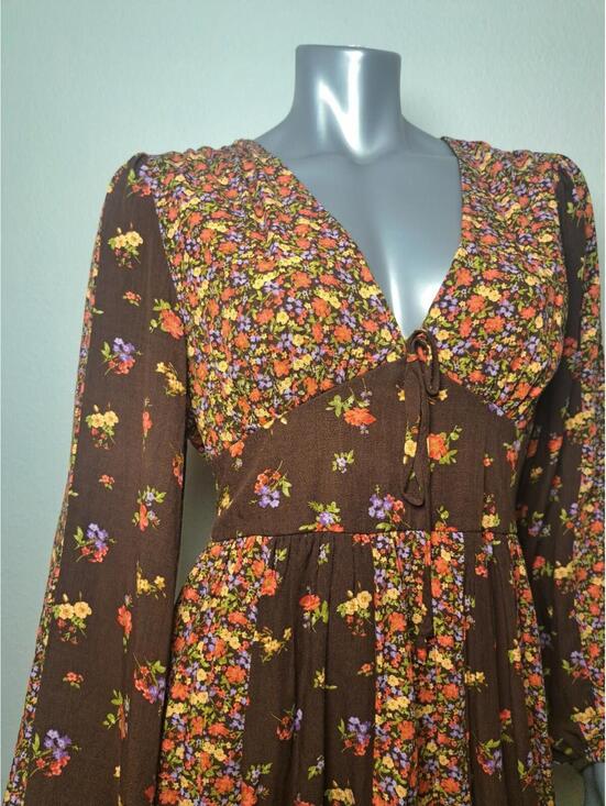 SO Goods For Life Brown Floral Stripe A-line Mini Sleeve Dress Empire Waist XL - Picture 3 of 6